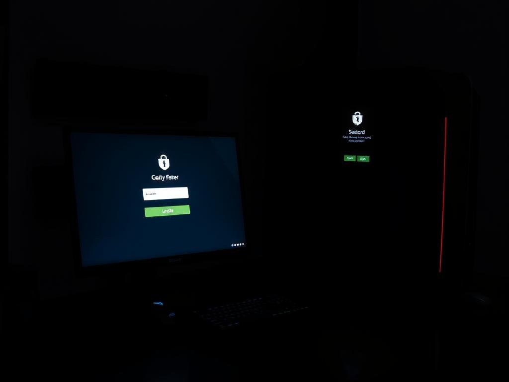 A dimly lit gaming setup with a desktop computer, gaming mouse and keyboard, and a sleek, modern gaming monitor. The device display shows a security login screen, with a password entry field and multi-factor authentication options. The desk is made of dark wood, and the lighting casts dramatic shadows, creating an atmosphere of focus and protection. The room is sparse, with minimal clutter, conveying a sense of professionalism and attention to detail. The overall scene suggests the importance of securing one's gaming devices and accounts to safeguard sensitive information and personal data.