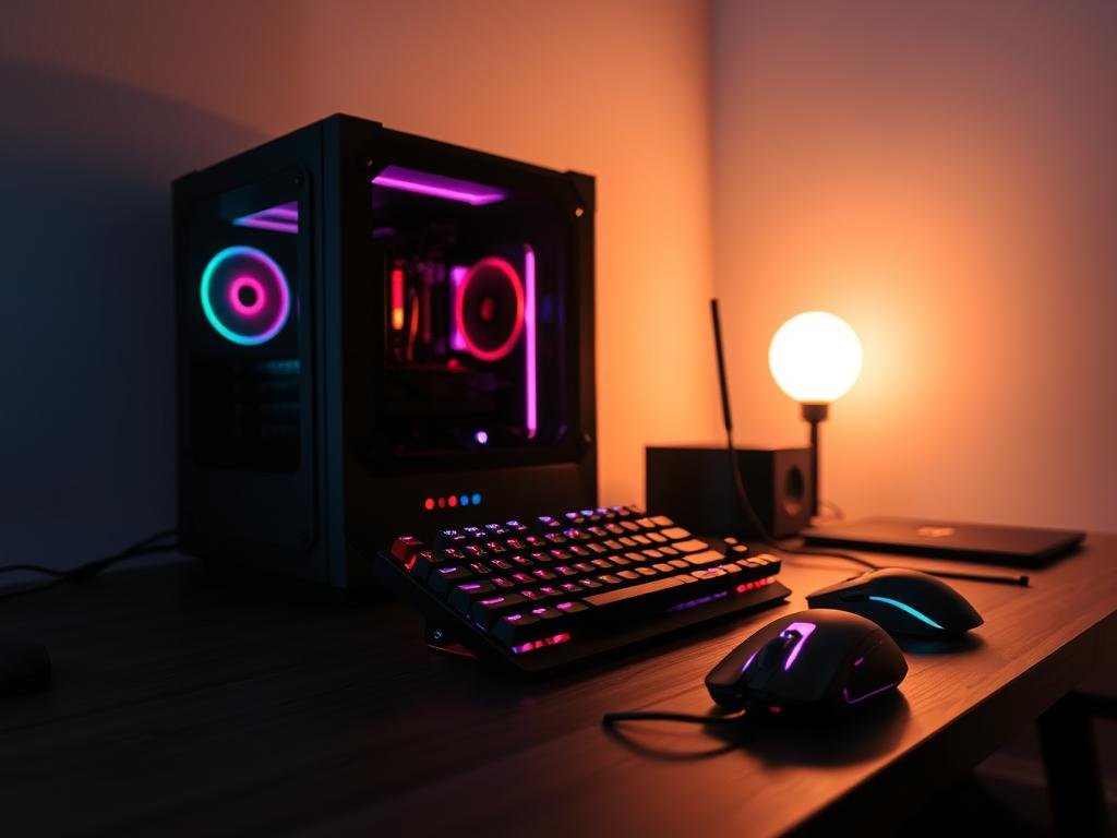 A dimly lit gaming setup with a high-end gaming PC, RGB-backlit mechanical keyboard, and a sleek, ergonomic gaming mouse on a desk. The desk is made of dark wood, and the setup is surrounded by a minimalist, modern interior design. Soft, warm lighting illuminates the scene, creating a cozy, focused atmosphere. The equipment is showcased in a visually appealing, yet realistic manner, highlighting its technical features and functionality.