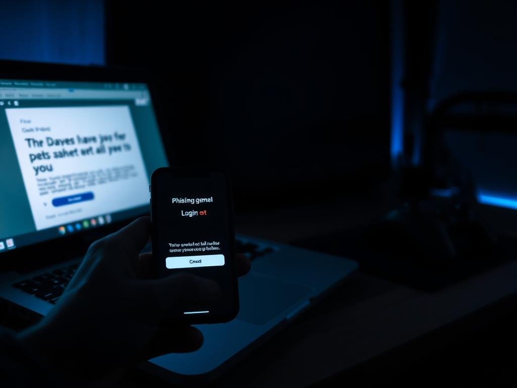 A dimly lit gaming setup, with a laptop screen displaying a phishing email targeting a gamer. In the foreground, a hand holding a smartphone, the screen showing a fake login page mimicking a popular gaming platform. The middle ground features gaming peripherals like a mouse, keyboard, and controller, hinting at the victim's involvement in the gaming community. The background is shrouded in shadows, creating a sense of unease and vulnerability. The scene is lit by the cool, blue-tinted glow of the laptop screen, casting an ominous atmosphere. The overall composition conveys the deceptive and predatory nature of phishing scams that prey on unsuspecting gamers.