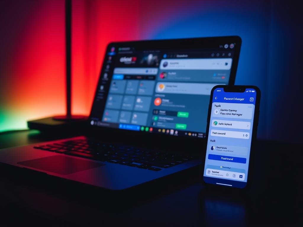 A dimly lit gaming setup with a laptop, smartphone, and password manager app open, showcasing password management strategies for gamers. The laptop screen displays a gaming account dashboard, while the smartphone screen shows a password generator and vault. The scene is illuminated by a soft, ambient light, creating a focused and secure atmosphere. The overall composition emphasizes the importance of proactive account security in the gaming realm.