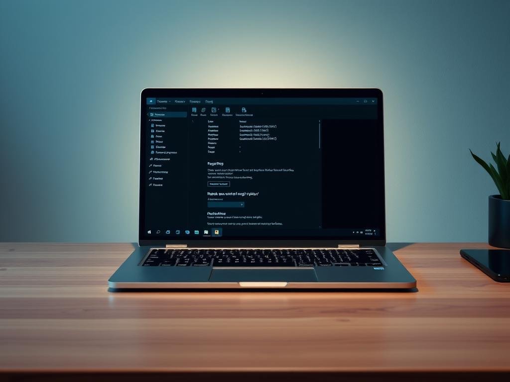 a dimly lit, high-resolution image of a windows 10 registry backup screen displayed on a sleek, silver laptop. the laptop is placed on a clean, wooden desk with a minimalist, scandinavian-inspired design. the screen shows a detailed backup interface with various options and settings, conveying a sense of control and organization. subtle backlighting from the laptop creates a warm, focused atmosphere, emphasizing the importance of the task at hand. the overall scene evokes a professional, tech-savvy environment, reflecting the need for meticulous registry maintenance.