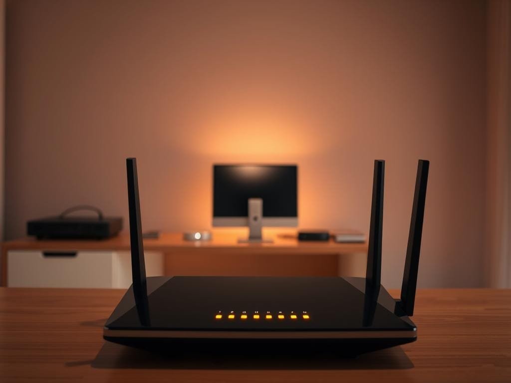 A dimly lit, high-tech router nestled in a sleek, modern home office. The device stands prominently in the foreground, its blinking LED lights casting a soft, ethereal glow. In the middle ground, a desktop computer and peripherals sit atop a minimalist wooden desk, hinting at the importance of network security. The background is a muted, neutral-toned wall, creating a sense of focus and simplicity. The lighting is warm and directional, emphasizing the router's form and functionality. The overall mood is one of calm, controlled efficiency - a visual representation of the "first line of defense" against cyber threats.
