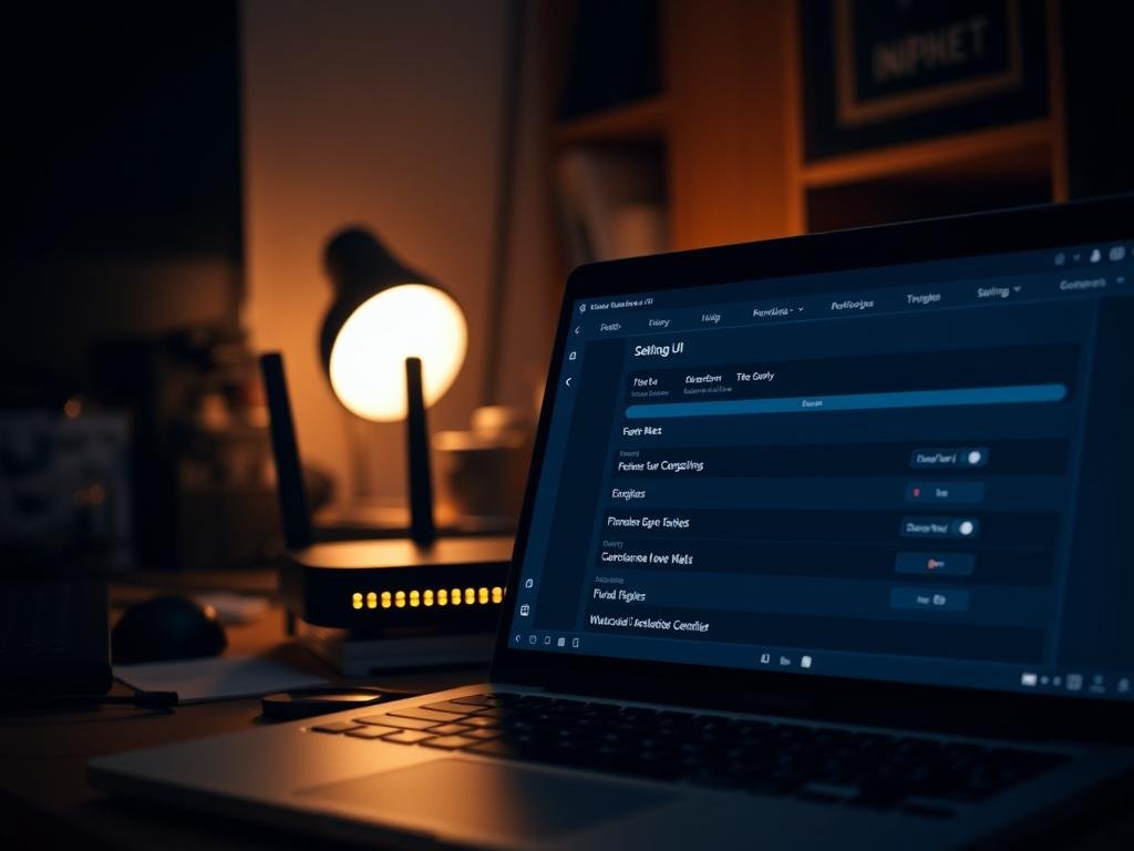 a dimly lit home office, a sleek black router sits prominently on a cluttered desk. the router's led lights softly glow, casting a warm hue across the scene. in the foreground, a laptop screen displays the router's configuration interface, its elegant ui providing granular control over network settings. the background is blurred, emphasizing the focus on the router and its settings. subtle shadows and highlights create depth, while a subtle vignette frames the composition, conveying a sense of technical focus and attention to detail.