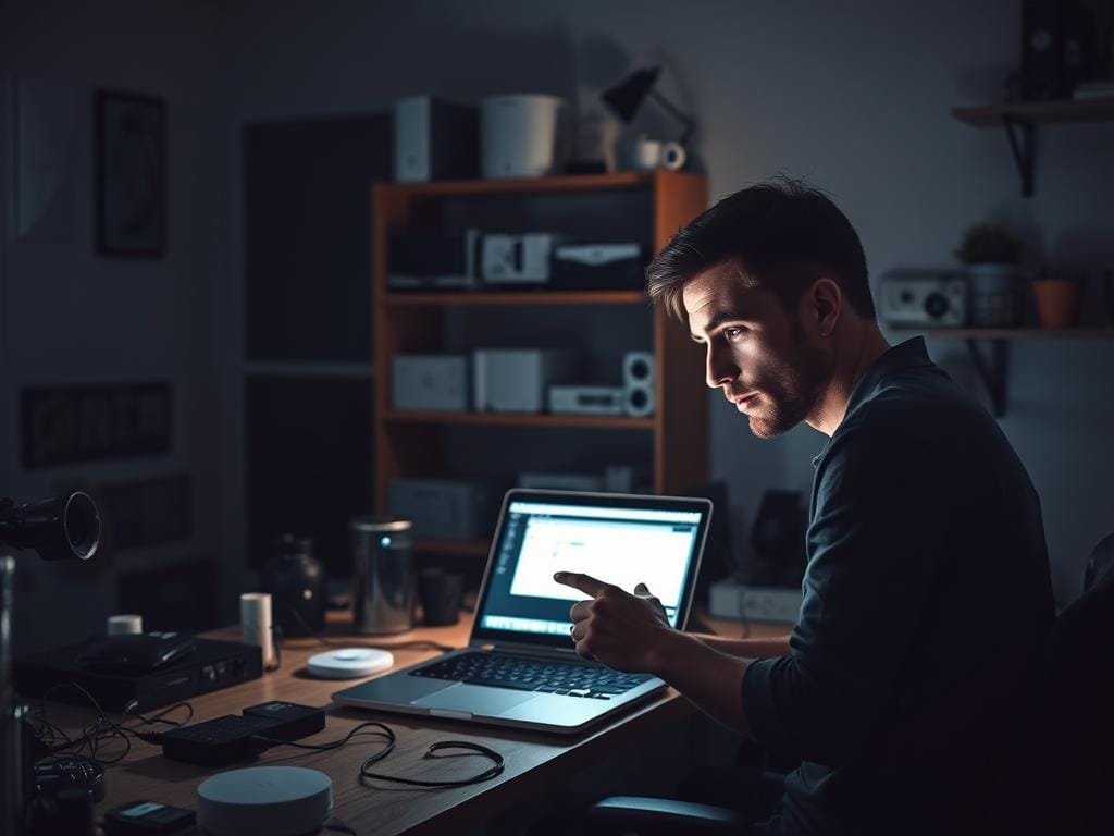 A dimly lit home office, desk cluttered with electronic devices and cables. A person, deep in thought, troubleshooting a smart home device, gently tapping the screen, brow furrowed in concentration. The room is illuminated by the soft glow of a laptop, casting shadows that dance across the walls. Shelves in the background hold an array of smart home gadgets, hinting at the complexity of the DIY smart home setup. The overall mood is one of problem-solving, with a sense of both challenge and determination.