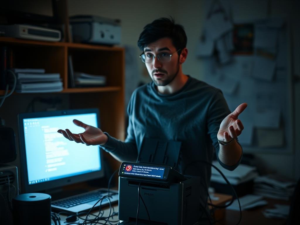 A dimly lit home office, the glow of a computer screen casting an eerie light. In the foreground, a malfunctioning printer emits a cacophony of error messages, its display panel blinking erratically. Cables and cords snake across the desk, creating a tangled web of technological frustration. The user, hands outstretched in a gesture of exasperation, stands before the stubborn machine, their expression a mix of bewilderment and annoyance. The background is blurred, but hints at the disarray of a workspace consumed by software issues, papers and documents strewn haphazardly. The scene evokes a sense of technological disarray, a moment of digital discord that plagues the modern home user.