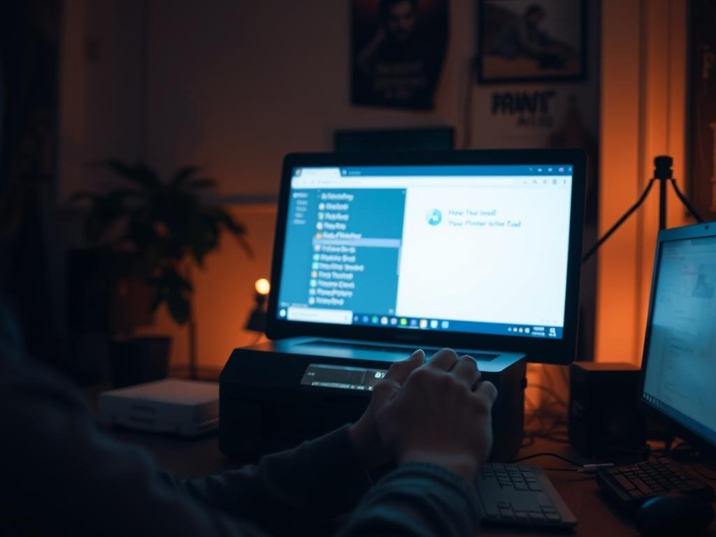 A dimly lit home office, the glow of a computer screen illuminating the space. In the foreground, a person's hands intently navigating the menus of an operating system, focused on the task of reinstalling a printer driver. The middle ground showcases the printer, its sleek design contrasting with the cluttered desk. Soft, warm lighting casts a gentle ambiance, conveying a sense of concentration and problem-solving. The background is blurred, emphasizing the importance of the task at hand. Subtle shadows and highlights add depth and dimension, creating a visually compelling scene that captures the essence of troubleshooting a printer issue on a personal computer.