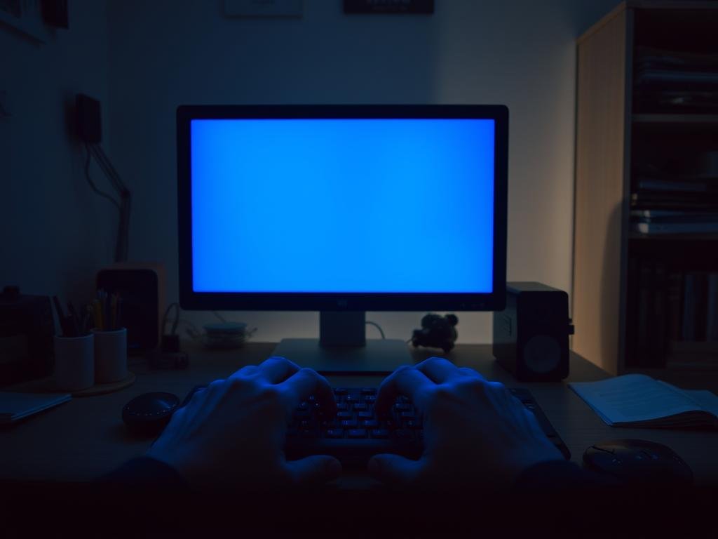 a dimly lit home office workspace with a desk, computer monitor, and various office supplies. the monitor displays a prominent blue screen error message, indicating a system problem. in the foreground, a pair of hands are intently typing on a keyboard, signaling the troubleshooting process. soft, directional lighting casts shadows, creating a contemplative atmosphere. the background features shelves with technical manuals and reference materials, hinting at the user's expertise in resolving computer issues. the scene conveys a sense of focus and determination to overcome the blue screen challenge.