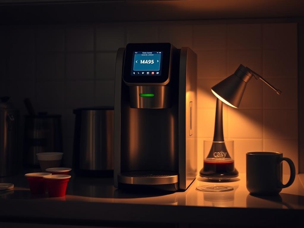 A dimly lit kitchen counter, a modern smart coffee maker standing prominently, its display flickering and screen unresponsive. The machine's sleek, brushed metal body contrasts with the surrounding clutter of coffee pods, filters, and a half-filled mug, conveying a sense of frustration. Soft, warm lighting casts long shadows, creating an atmosphere of uncertainty and technological malfunction. The camera angle is slightly elevated, drawing the viewer's attention to the coffee maker's connectivity issues, the focus sharp on the problematic display. The scene evokes the need for troubleshooting and DIY repair to restore the appliance's functionality.