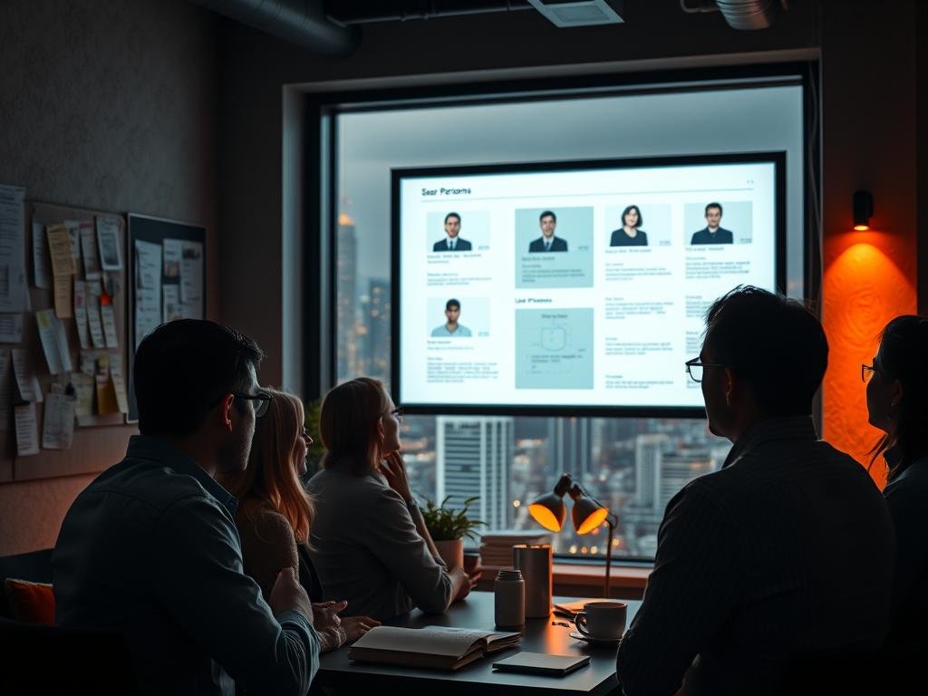 A dimly lit office interior, the walls adorned with mood boards, sticky notes, and research materials. In the foreground, a team of professionals, each with a thoughtful expression, analyzing customer data and user personas projected on a large screen. The lighting is warm and focused, creating an atmosphere of deep concentration and strategic planning. The background features a window overlooking a bustling city skyline, a nod to the broader market and consumer landscape. The composition conveys a sense of diligence, insight, and a methodical approach to understanding the target audience for a video marketing strategy.