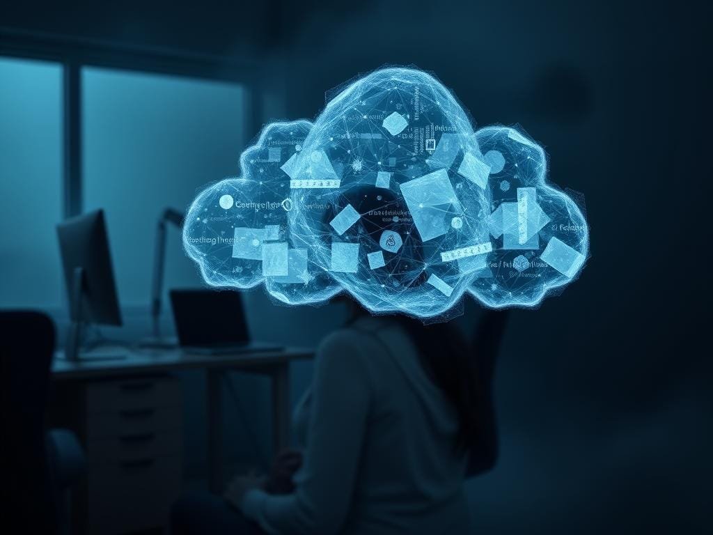 A dimly lit office setting, with a desk, computer, and a lone figure sitting in a chair, their face obscured by shadows. In the foreground, a translucent, glowing data cloud hovers, containing fragmented snippets of personal information, digital breadcrumbs that raise concerns about privacy in the age of AI-powered assistants. The background is hazy, with a sense of unease and uncertainty, as the viewer contemplates the implications of AI's encroachment into our personal lives. Dramatic lighting casts a somber, contemplative mood, emphasizing the gravity of the privacy issues at hand.