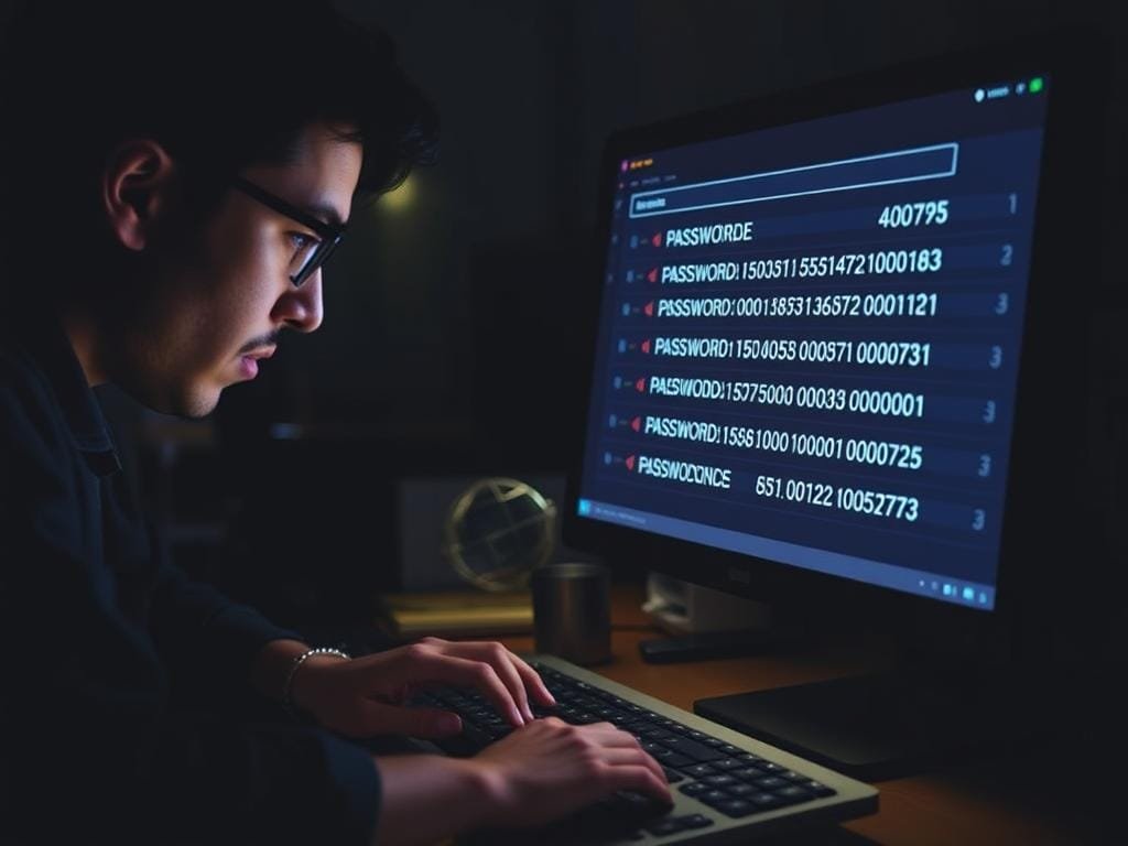 A dimly lit office workspace, the glow of a computer screen illuminating the frustrated face of a person working late into the night. On the screen, a password manager app displays a series of complex, alphanumeric passwords, each unique and secure. The user's fingers hover over the keyboard, contemplating the importance of password hygiene in safeguarding their digital life. In the background, a subtle wire-frame globe representation symbolizes the interconnected, vulnerable nature of online systems. The scene conveys the critical need for robust password policies to protect against cyber threats, setting the stage for the article's "Creating Strong Password Policies" section.