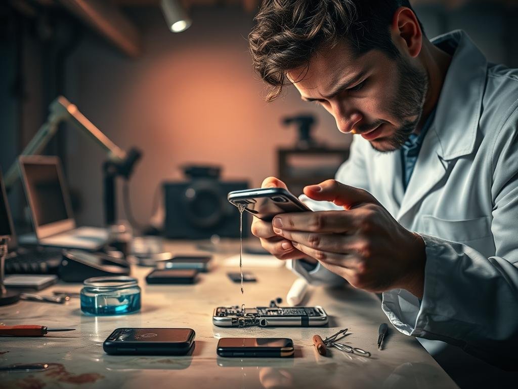 a dimly lit repair shop, water-stained counter and tools scattered about. in the foreground, a technician in a white lab coat carefully disassembling a smartphone, brow furrowed in concentration. droplets of water cling to the phone's surface, a testament to the urgency of the situation. the middle ground showcases various repair equipment - magnifying glasses, tiny screwdrivers, and a dehumidifier working overtime. the background is hazy, casting a somber, serious mood, emphasizing the importance of professional intervention for water-damaged devices. soft, warm lighting illuminates the scene, creating a sense of care and expertise.