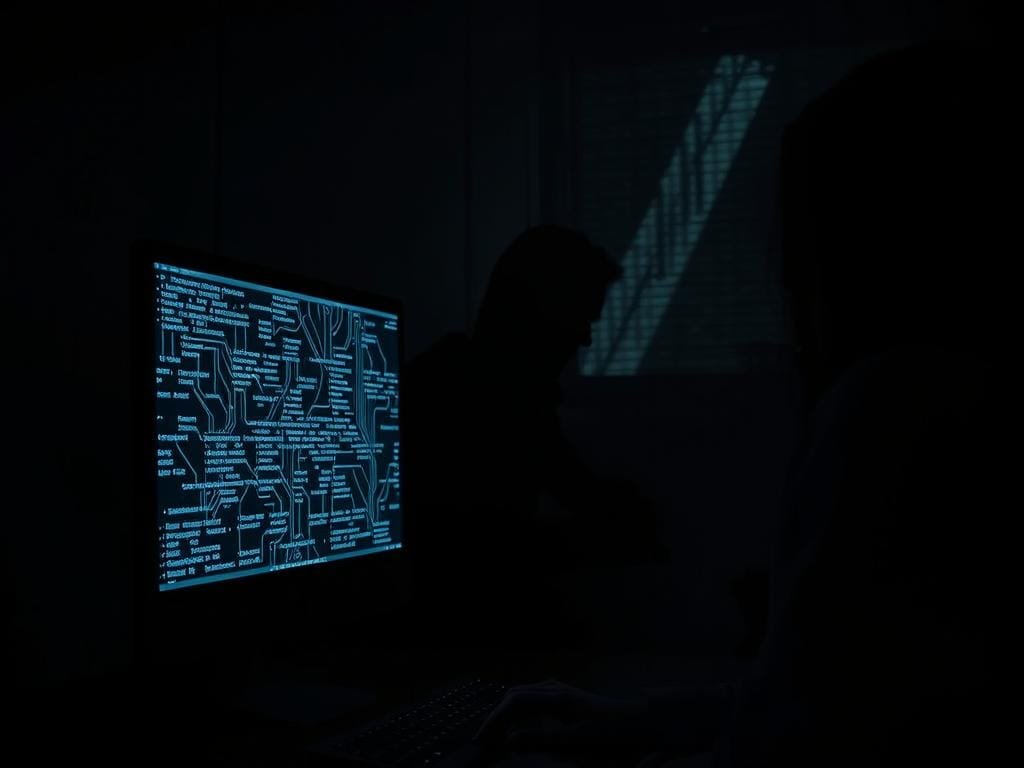 A dimly lit room, filled with a sense of unease. In the foreground, a computer screen displays a tangled web of data streams, each representing the personal information of individuals. Shadows loom in the background, hinting at the unseen forces that may be exploiting this data. The lighting is harsh, creating a sense of tension and vulnerability. The camera angle is slightly elevated, giving the viewer a sense of being observed. The overall atmosphere conveys the gravity of the data privacy concerns surrounding AI, and the need to navigate this complex ethical landscape with care and vigilance.