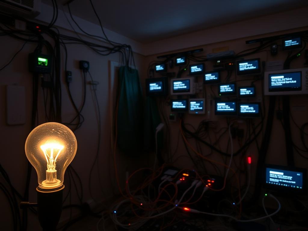 a dimly lit room filled with smart home devices, their signals clashing and interfering with one another. in the foreground, a smart lightbulb flickers erratically, its connection disrupted by the cacophony of wireless protocols. the middle ground showcases a tangled web of cables, ethernet ports, and iot hubs, each emitting a faint glow that casts an unsettling ambiance. in the background, the walls are adorned with a collage of smart home automation panels, their displays flickering with error messages, hinting at the unseen complexities that plague the integrated system. the scene conveys a sense of technological chaos, where the promise of a seamless smart home experience is undermined by the interference of competing signals and protocols.