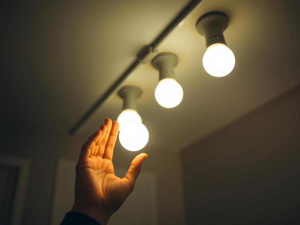 a dimly lit room, soft ambient lighting from a set of voice-controlled smart light bulbs mounted on the ceiling. the bulbs are sleek, modern in design, emitting a warm, inviting glow. in the foreground, a person's hand reaches up to issue a voice command, their face illuminated by the diffused lighting. the scene conveys a sense of effortless control and seamless integration of technology into the home environment.