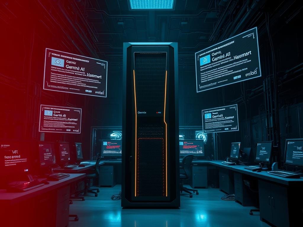 A dimly lit tech laboratory, with rows of desktops and complex machinery lining the walls. In the center, a towering Gemini AI supercomputer, its sleek black chassis emitting an ominous glow. Surrounding it, holographic displays flicker and glitch, showcasing error messages and system malfunctions. The atmosphere is tense, with a sense of unease permeating the scene. Shadows cast by the equipment create a moody, dramatic lighting, highlighting the limitations and challenges faced by this cutting-edge AI technology. The image conveys the idea of a powerful but flawed system, hinting at the complexities and vulnerabilities inherent in the latest advancements in artificial intelligence.
