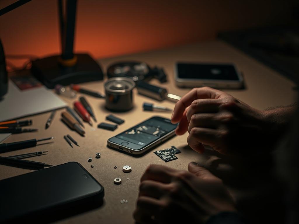 a dimly lit workbench, its surface scattered with precision tools, screwdrivers, and a disassembled smartphone. in the foreground, a pair of hands carefully examining the device, their movements guided by years of experience. the background features a subtle gradient of warm tones, creating a focused, contemplative atmosphere. soft, directional lighting casts subtle shadows, emphasizing the intricate details of the repair process. the scene conveys a sense of focus, problem-solving, and the satisfaction of restoring a cherished technological companion.