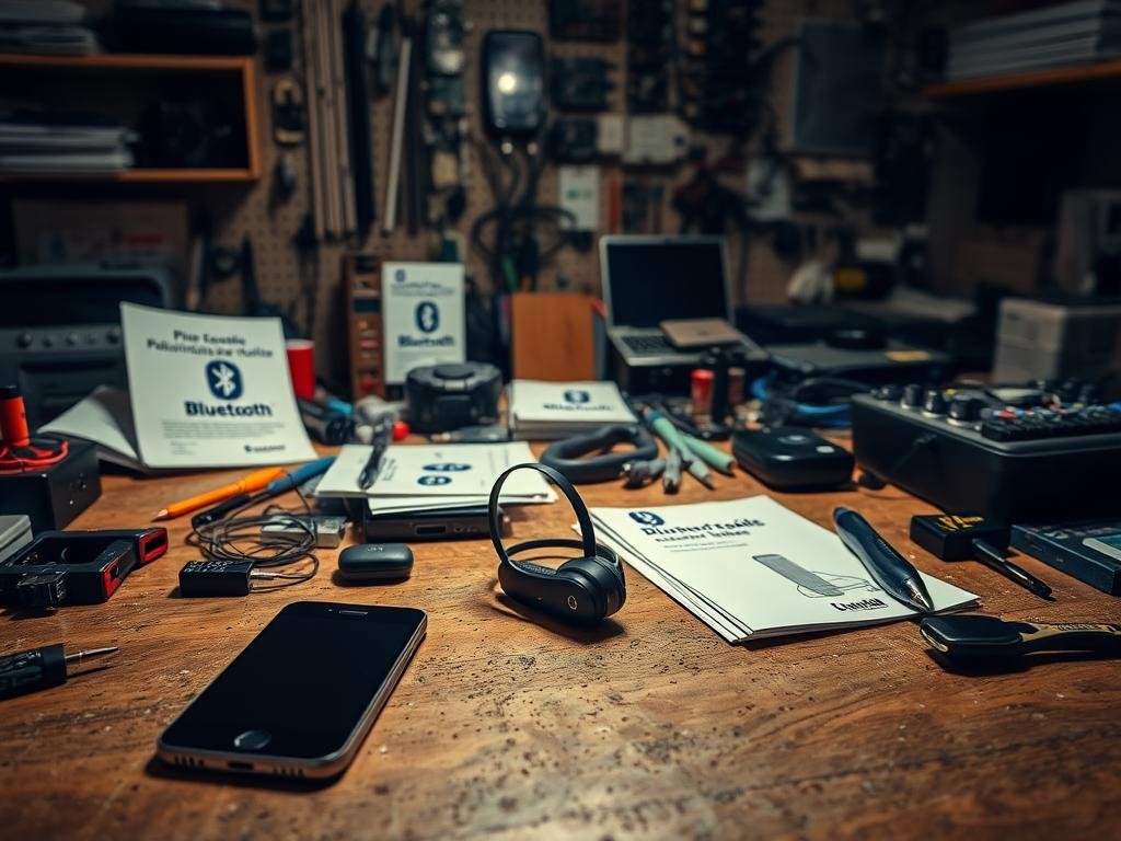a dimly lit workshop table, scattered with various electronic devices and tools. in the foreground, a smartphone and a bluetooth headset sit side by side, their connection troubling the user. the middle ground showcases a collection of bluetooth pairing guides, manuals, and diagnostic tools, hinting at the process of resolving the connectivity issue. the background features a wall of shelves stocked with electronic components, conveying a sense of technical expertise and problem-solving. soft, warm lighting creates a contemplative atmosphere, as the user delves into the intricacies of bluetooth troubleshooting.