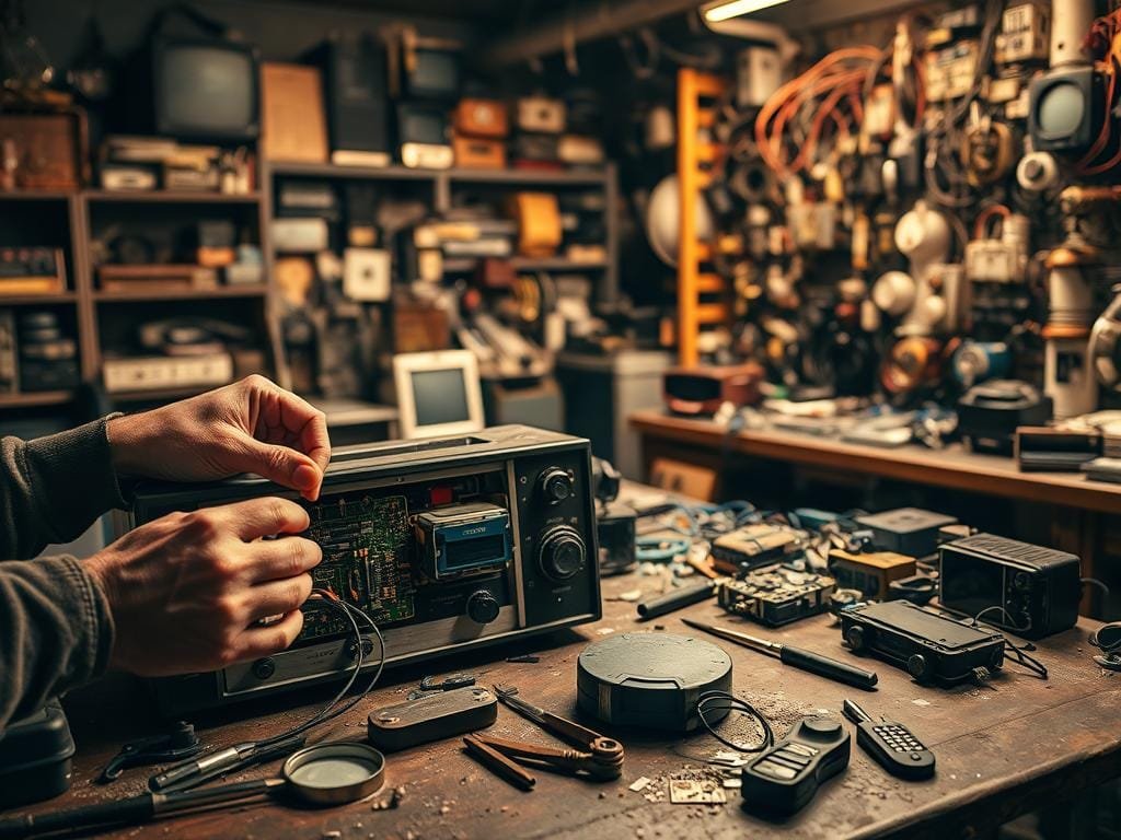 A dimly lit workshop, the air thick with the scent of old electronics. In the foreground, a pair of weathered hands carefully disassemble a vintage radio, its intricate circuitry exposed. Scattered around are worn tools, a magnifying glass, and a pair of safety goggles - a testament to the precautions necessary when handling legacy technology. The mid-ground is dominated by a workbench littered with various electronic components, each carrying the weight of years. In the background, shelves laden with salvaged gadgets and parts, a mosaic of obsolete technology awaiting new life. The lighting is soft, casting a warm, amber glow, evoking a sense of timelessness and the importance of preserving the past.