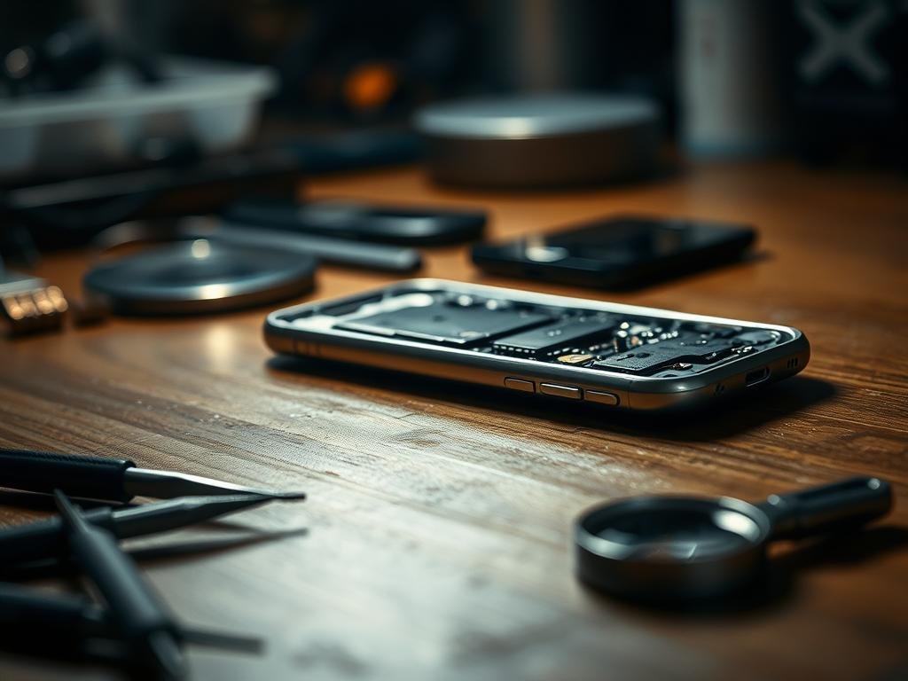 a dimly lit workspace, a water-damaged smartphone disassembled on a wooden workbench. focused lighting illuminates the intricate components, exposing the extent of the damage. in the foreground, a collection of small tools, including tweezers and a magnifying glass, hint at the delicate repair process. the background is blurred, drawing the viewer's attention to the phone's innards, as if the viewer is standing right beside the technician, observing the alternate drying methods used to salvage the device. the scene conveys a sense of care and attention, with the goal of reviving the water-damaged phone.
