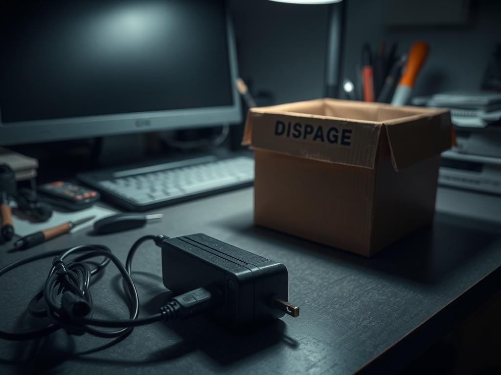a dimly lit workspace, a worn laptop charger lies on a cluttered desk, its cord frayed and connector damaged. beside it, a corrugated cardboard box waits, ready to receive the discarded item. the scene is bathed in a soft, ambient light, casting subtle shadows and highlighting the textures of the objects. the overall mood is contemplative, emphasizing the importance of safely disposing of electronic waste. a desktop computer, some tools, and a few other office supplies provide context, suggesting this is a typical home or small office environment.
