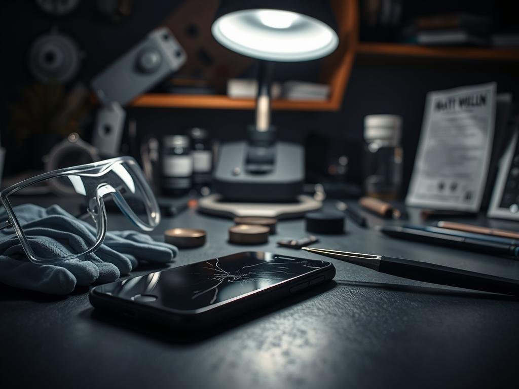 a dimly lit workspace with various tools and safety equipment neatly arranged. in the foreground, a cracked smartphone screen sits on a workbench, surrounded by protective goggles, anti-static gloves, and a pair of precision tweezers. soft, directional lighting from the side casts shadows and highlights the delicate components. the middle ground features a magnifying lamp and a small container of screen repair adhesive, hinting at the meticulous process required. in the background, shelves hold spare parts and a reference manual, conveying a sense of care and attention to detail necessary for a successful screen repair.