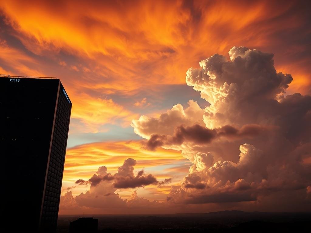 A dramatic, cinematic vista of cloud computing trends and innovations. In the foreground, a towering data center silhouette, its angular architecture and pulsing lights evoking a sense of technological prowess. In the middle ground, a dynamic interplay of cloud formations - billowing cumulus, wispy cirrus, and shimmering lenticular shapes, symbolizing the ever-evolving nature of cloud infrastructure. The background is a vibrant, fiery sky, painted in bold gradients of orange and red, hinting at the intensity of the "cloud wars" and the transformative shifts ahead. Dramatic lighting casts deep shadows, creating a sense of depth and drama. Shot with a wide-angle lens to capture the grand, sweeping scale of the scene.