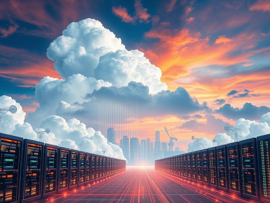 A dramatic evolution of cloud computing, from the iconic fluffy white clouds in the sky to the sleek, interconnected data centers powering the digital world. In the foreground, a stylized representation of cloud infrastructure - servers, cables, and glowing panels, all bathed in a warm, futuristic glow. In the middle ground, a transition zone where the physical and digital realms converge, with abstract data visualizations and lines of code cascading down. The background depicts the vast, ever-expanding reach of cloud computing, with a panoramic view of towering data centers and satellite dishes set against a vibrant, almost ethereal sky. The overall composition conveys the seamless integration, exponential growth, and transformative power of cloud computing, capturing the essence of its unstoppable rise.