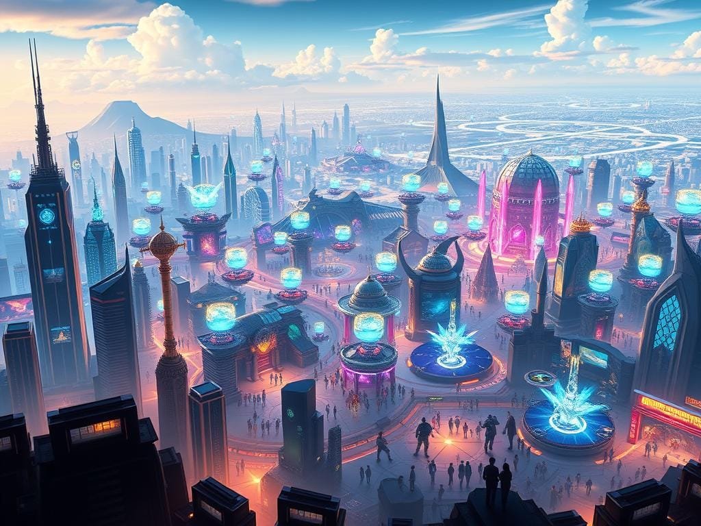 A dynamic and vibrant metaverse game platform landscape, showcasing a diverse array of virtual worlds and interactive experiences. In the foreground, a futuristic city skyline with towering skyscrapers and holographic displays. In the middle ground, various gaming arenas and social hubs, bustling with digital avatars engaged in immersive gameplay and socializing. The background features a stunning, panoramic vista of the metaverse, with interconnected virtual realms, each with their own unique aesthetics and game mechanics. The scene is illuminated by a warm, ambient lighting, creating a sense of energy and technological wonder. The overall composition conveys the boundless potential and excitement of the metaverse gaming revolution.