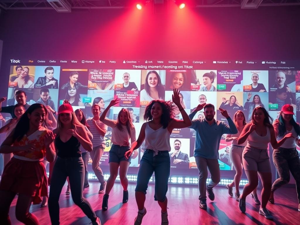 A dynamic and vibrant scene showcasing the trending moments on TikTok. In the foreground, a group of diverse, energetic users are captured mid-dance, their movements frozen in time, expressions alive with excitement. The middle ground features a collage of viral video thumbnails, ranging from comedic skits to captivating challenges, all against a backdrop of a sleek, modern TikTok interface. The lighting is a perfect balance of bold, saturated colors and soft, diffused illumination, creating a sense of energy and momentum. The camera angle is slightly elevated, giving the viewer a bird's-eye perspective, amplifying the scale and intensity of the TikTok platform. The overall atmosphere conveys the fast-paced, ever-evolving nature of social media trends, inviting the viewer to experience the thrill of being part of the TikTok zeitgeist.
