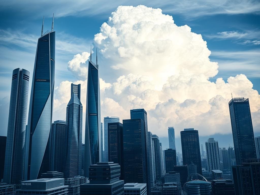 A dynamic and visually striking cityscape against a dramatic sky, showcasing the towering headquarters of the leading cloud providers. In the foreground, sleek, futuristic skyscrapers with abstract architectural designs in shades of steel, glass, and chrome stand as symbols of technological innovation. The middle ground features smaller, interconnected data centers and server farms, their intricate networks of cables and cooling systems visible. In the background, a vast, ethereal cloud formation dominates the scene, casting a sense of scale and the vast, cloud-based infrastructure that powers the digital world. The lighting is a combination of cool, directional illumination from the sky and warm, subtle interior lighting, creating a sense of depth and atmosphere. The overall composition conveys the power, dynamism, and global reach of the top cloud computing giants.