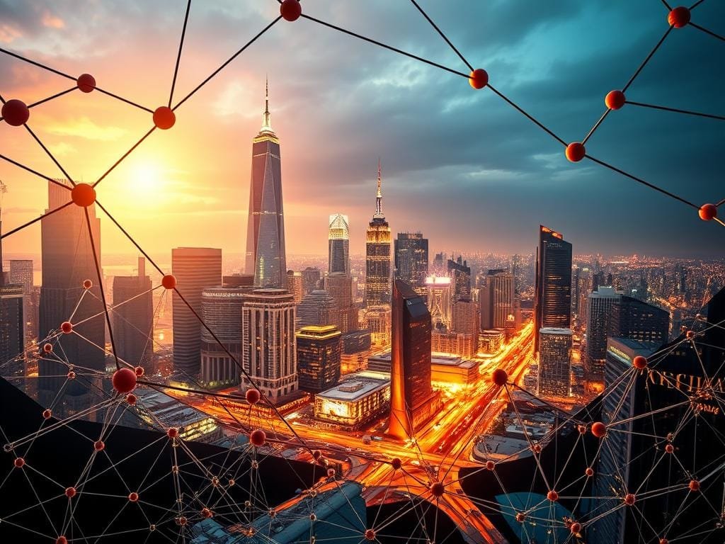 A dynamic composition depicting the integration of blockchain technology within the financial sector. In the foreground, a complex web of interconnected blockchain nodes symbolizes the secure and decentralized nature of transactions. The middle ground features a vibrant cityscape, with towering skyscrapers and a bustling financial district, representing the real-world application of blockchain in banking, investments, and fintech. The background is illuminated by a warm, golden glow, evoking a sense of innovation, progress, and the transformative potential of blockchain in reshaping the future of finance. The scene is captured through a wide-angle lens, creating a sense of depth and scale, emphasizing the far-reaching impact of this emerging technology.