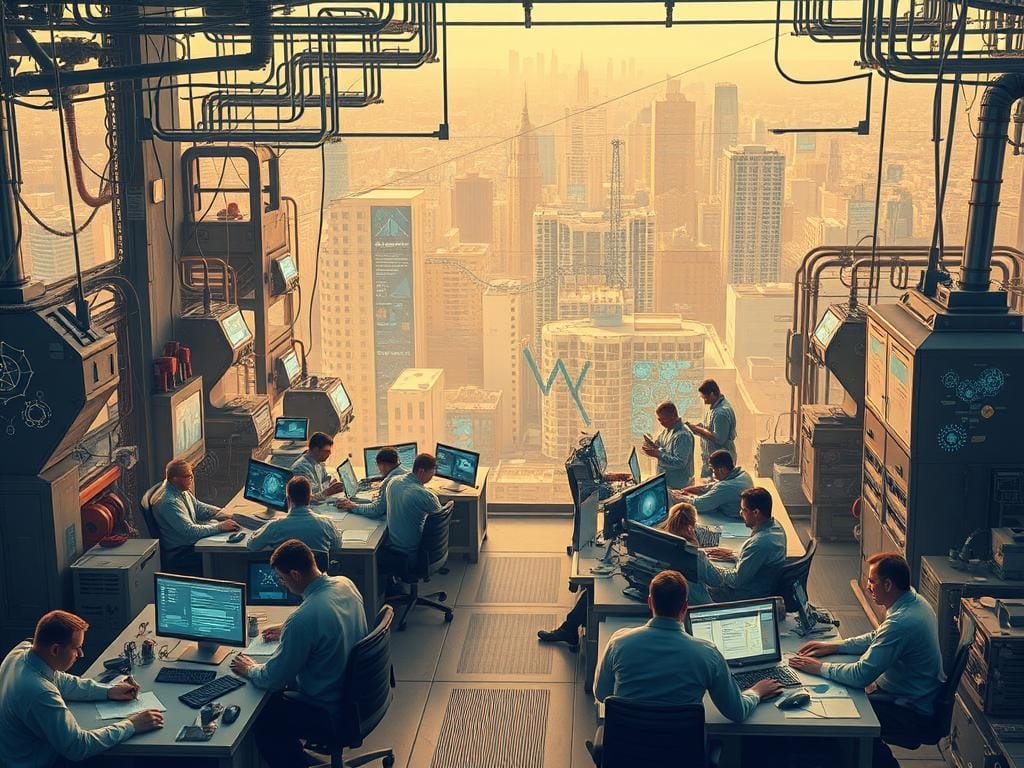 A dynamic, highly detailed scene depicting industry-specific skills in high demand. The foreground features a diverse array of workers diligently engaged in various technical tasks - programming, engineering, analysis, and more. They are surrounded by a complex, futuristic industrial landscape, with cutting-edge machinery, advanced computer displays, and intricate technical diagrams. The middle ground showcases a seamless integration of human expertise and advanced automation, highlighting the symbiotic relationship between human skills and AI-powered tools. The background depicts a bustling cityscape, signifying the broader economic landscape and the thriving, technology-driven job market. The scene is illuminated by a warm, slightly muted lighting, creating a sense of focus and intensity. The overall composition conveys the versatility, adaptability, and indispensable nature of industry-specific skills in the age of automation.