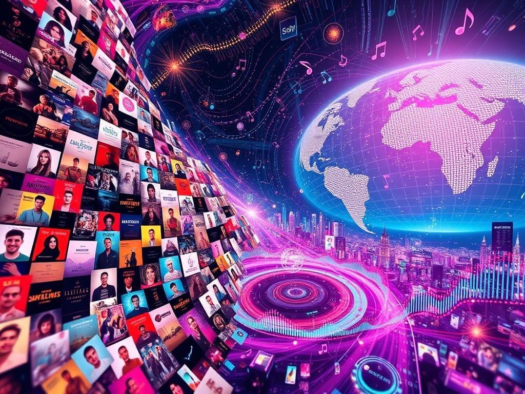 A dynamic, kaleidoscopic scene depicting the ever-evolving landscape of TikTok music trends. In the foreground, a colorful collage of album covers, song titles, and artist portraits floats amidst a swirling digital vortex, capturing the rapid rise and fall of popular tracks. The middle ground features a visualization of musical genre tags and hashtags, pulsing and morphing to reflect the shifting tastes of the TikTok audience. In the distant background, a stylized world map illuminates the global reach and interconnectedness of these viral musical phenomenons, with data streams tracing their spread across borders and cultures. Cinematic lighting casts a dramatic, almost mystical atmosphere, evoking the powerful, unpredictable nature of TikTok's musical trends.