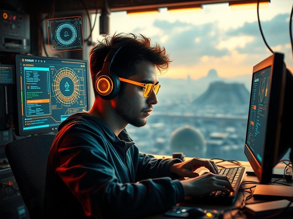 A dynamic metaverse game development scene with a coder engrossed in their work, surrounded by a futuristic tech setup. Floating holographic interfaces, pulsing data streams, and glowing circuit boards fill the workspace. Warm lighting casts a contemplative glow, while the developer's face is illuminated by the screens, conveying intense focus. In the background, a vast virtual landscape stretches out, hinting at the boundless possibilities of the metaverse. The overall atmosphere is one of innovation, technology, and the thrill of crafting new interactive experiences.