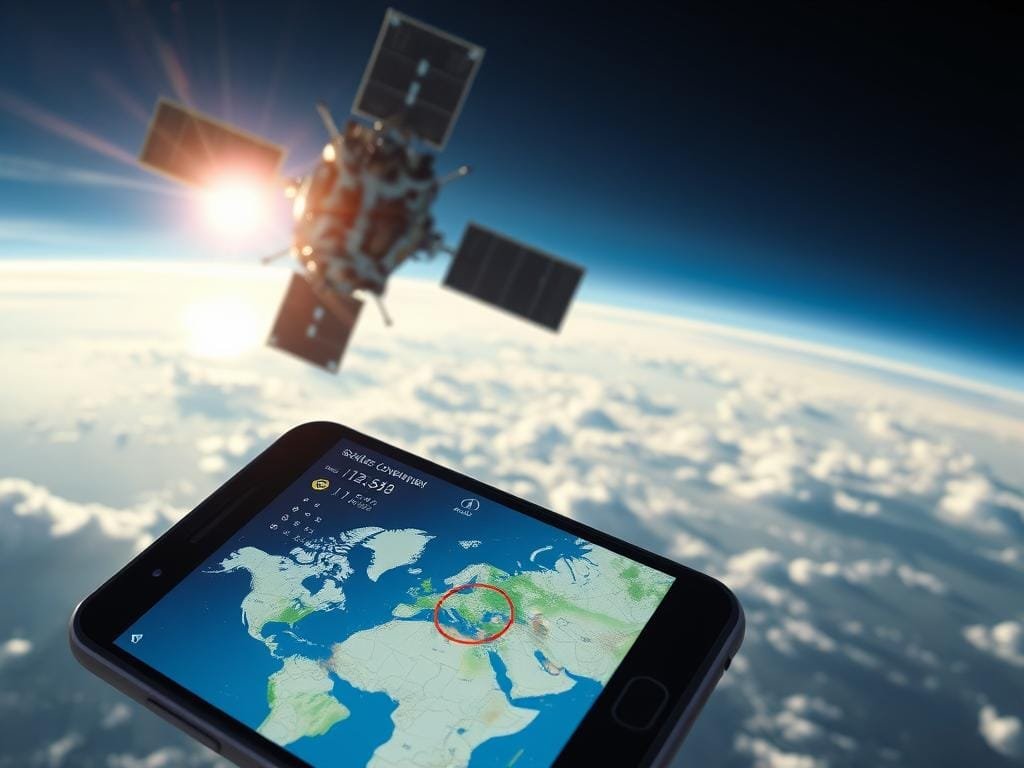 A dynamic satellite orbiting the Earth, its metallic panels glistening in the sun's rays. In the foreground, a smartphone screen displays a detailed map, highlighting the satellite's coverage area. The background showcases a serene, cloud-dotted sky, hinting at the global reach of satellite connectivity. Crisp, high-resolution details capture the technical prowess of this innovative technology, while subtle lighting and angles convey a sense of power and possibility. The overall composition evokes a balance between the digital and the celestial, inviting the viewer to contemplate the pros and cons of this emerging communication revolution.