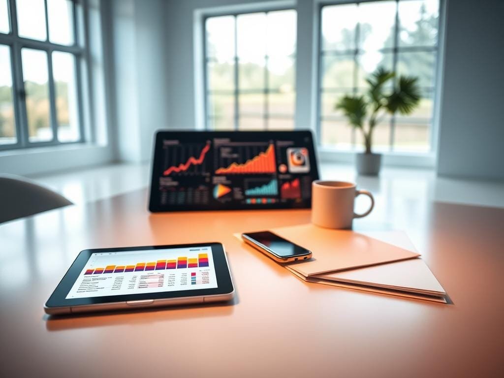 A dynamic visual marketing strategy unfolds on a sleek, minimalist workspace. In the foreground, a tablet displays vibrant analytics and insights, illuminated by warm, directional lighting. The middle ground features thoughtfully arranged objects - a stylish smartphone, a crisp presentation folder, and a cup of fresh coffee. The background showcases a clean, airy room with large windows, letting in natural light that casts a soft, inviting glow. The overall mood is one of focus, productivity, and a strategic approach to unlocking the best time to engage an audience on Instagram.