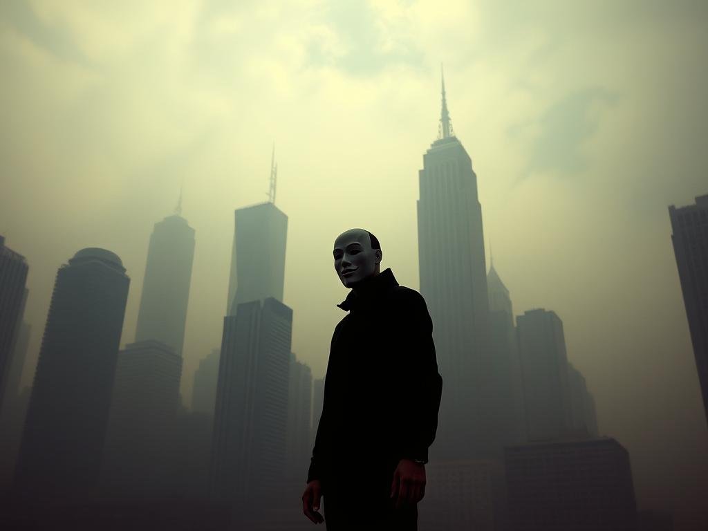 A dystopian cityscape shrouded in a thick haze, skyscrapers and buildings distorted by glitches and digital artifacts, casting ominous shadows. In the foreground, a lone figure stands rigid, their face obscured by a featureless mask, a symbol of the loss of individuality and the dehumanizing effects of advanced technology. The sky is a disquieting blend of muted tones, hinting at the underlying threat of societal unrest and the psychological toll of misinformation and manipulation. The scene is captured with a wide-angle lens, emphasizing the overwhelming scale of the technological takeover, creating a sense of unease and isolation. The overall atmosphere is one of foreboding, suggesting the dark potential of AI-driven societal disruption.