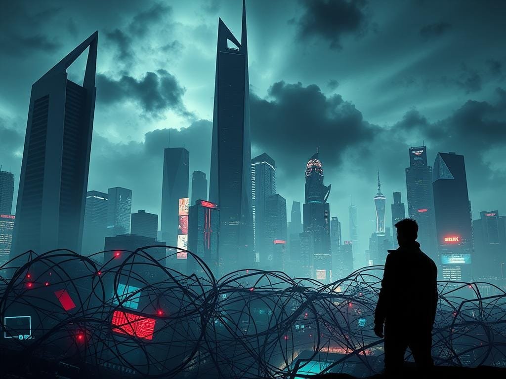 A dystopian cyberpunk landscape, with a towering cityscape of sleek, angular skyscrapers reaching towards a gloomy, smog-filled sky. In the foreground, a tangled web of glitching, corrupted digital interfaces and broken blockchain transactions, symbolizing the current challenges facing Web3. The scene is bathed in an eerie, neon-tinged lighting, casting an unsettling, ominous atmosphere. Amidst the chaos, a lone figure stands, their face obscured, contemplating the obstacles that must be overcome to realize the promise of a decentralized internet. The image conveys a sense of uncertainty and the need for innovation to address the complexities and vulnerabilities inherent in emerging Web3 technologies.
