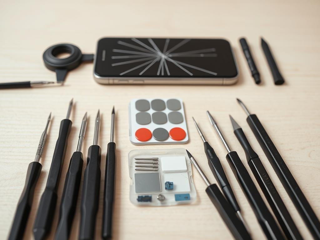 a flat-lay arrangement of mobile screen repair tools on a clean, light-colored wooden surface. in the foreground, a variety of precision screwdrivers, tweezers, and a suction cup tool. in the middle ground, a cracked smartphone screen and a repair kit with adhesive strips, replacement parts, and a small screwdriver set. the background has a soft, out-of-focus effect, emphasizing the tools as the focal point. the lighting is bright and diffused, creating clean shadows and highlighting the textures of the various metal and plastic components. the overall mood is one of organization, functionality, and attention to detail, perfectly suited for a diy smartphone screen repair guide.