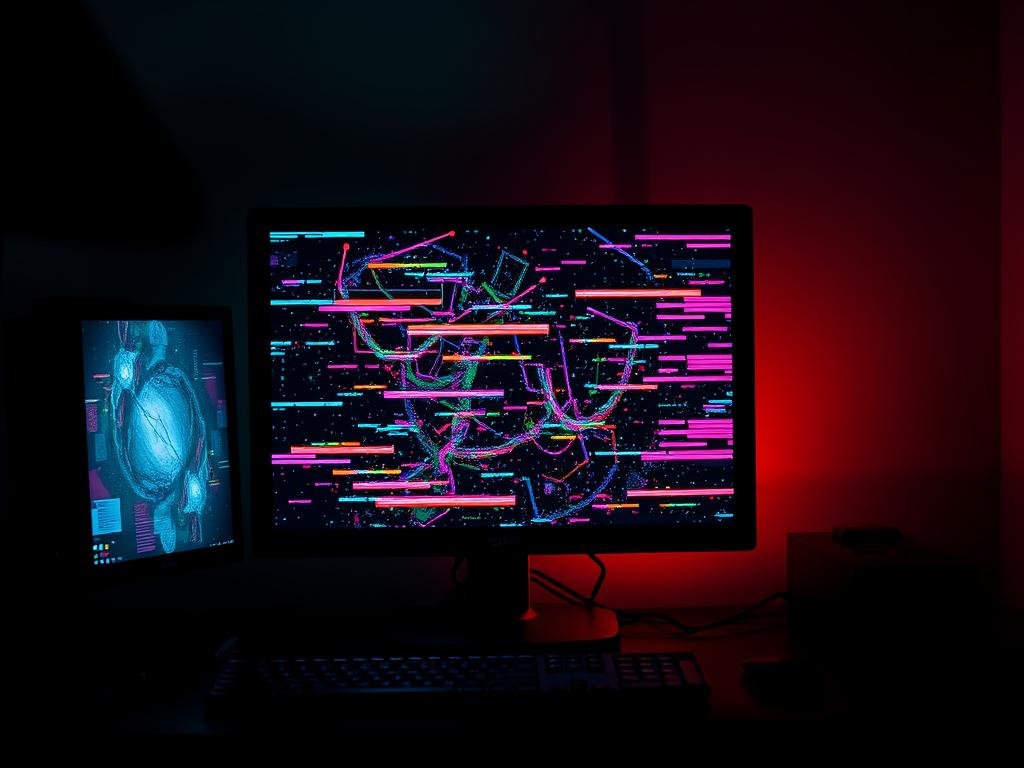 A flickering, glitchy computer display showcasing colorful digital artifacts, visual distortions, and graphic anomalies. The screen is set against a dark, ominous backdrop, with eerie, flickering shadows cast across the desk and peripherals. The lighting is dramatic, with harsh, directional illumination creating a sense of tension and unease. The overall scene conveys the frustration and confusion of dealing with malfunctioning graphics drivers, hinting at the technical complexities underlying this common computer problem.