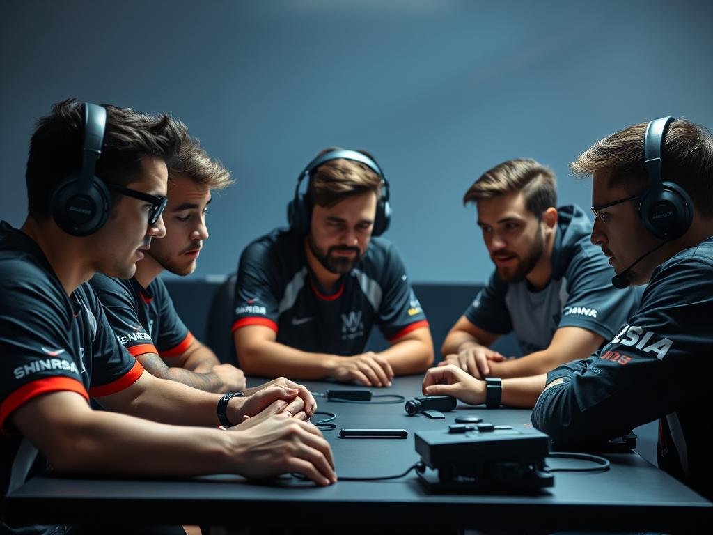 A focused team of esports athletes seated around a table, intensely discussing strategies and tactics, their expressions animated and determined. The scene is captured with a cinematic, high-contrast lighting, placing the players in sharp relief against a blurred, minimalist background. The camera angle is slightly elevated, conveying a sense of drama and importance. The overall mood is one of collaboration, concentration, and the high-stakes thrill of competitive gaming.