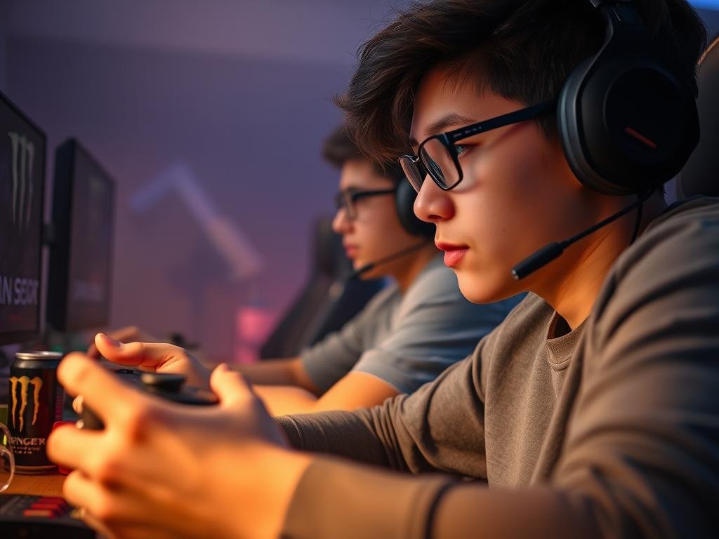 A focused young esports player intensely practicing their skills in a dimly lit gaming room. The foreground shows their hands skillfully maneuvering a gaming controller, fingers flying across the buttons. The middle ground features their face in deep concentration, eyes fixed on the screen. The background is hazy, with subtle ambient lighting illuminating gaming peripherals and a desk cluttered with energy drinks and snacks. The overall atmosphere conveys a sense of dedication, determination, and the relentless pursuit of improvement through deliberate practice.