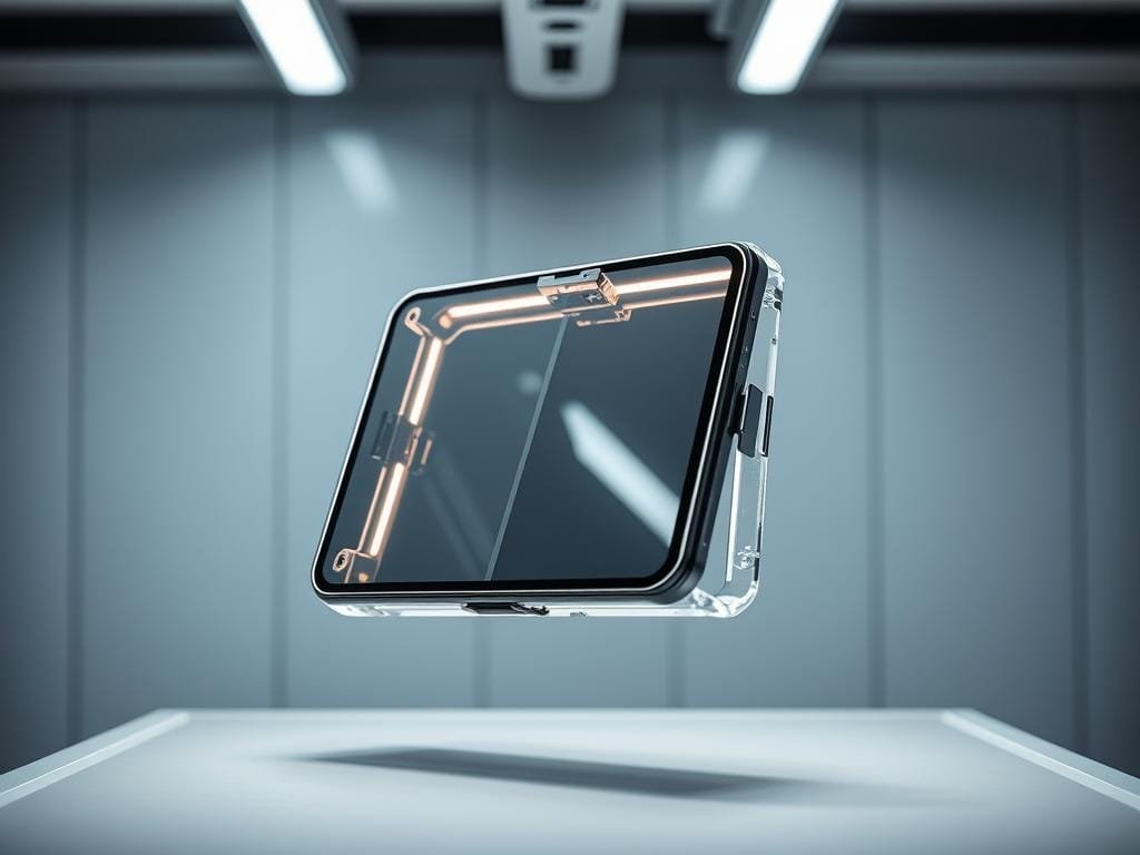 A foldable smartphone encased in a sleek, transparent acrylic shell, suspended in a controlled environment. Bright, diffused lighting illuminates the intricate hinges and flexible display, showcasing their durability through gentle bending and folding motions. The phone's screen transitions seamlessly between flat and folded states, with no visible creases or damage. The background is a minimalist, clean-lined laboratory setting, emphasizing the engineering focus. Subtle reflections on the acrylic surface add depth and a sense of technical precision. The overall mood conveys a balance of robustness and innovation, hinting at the future potential of foldable device design.