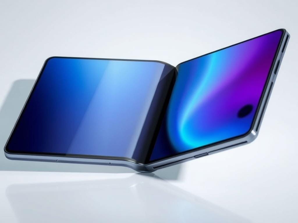 A foldable smartphone with a sleek, metallic frame unfolds to reveal a large, vibrant OLED display. The device's intricate hinge mechanism is visible, showcasing the engineering innovation that enables smooth, seamless folding. Soft, directional lighting casts subtle shadows, highlighting the phone's elegant, minimalist design. The background is a clean, futuristic environment, accentuating the advanced nature of this foldable technology. The overall scene conveys a sense of sophistication, progress, and the next phase in the evolution of mobile devices.