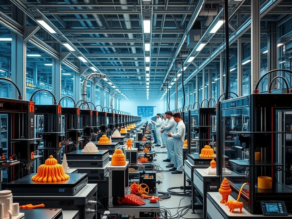 A futuristic 3D printing assembly line, showcasing the evolution of the technology. In the foreground, sleek, multi-color 3D printers of various sizes and capabilities, their nozzles meticulously depositing layers of material to create intricate, household objects. In the middle ground, a team of engineers in clean-room attire carefully monitor the printing process, making adjustments to optimize efficiency. The background depicts a vast, high-tech facility with towering ceilings, advanced robotic arms, and an array of sensor-equipped workstations, all illuminated by a warm, indirect lighting that casts a sense of progress and innovation. The overall atmosphere conveys the rapid advancements in 3D printing, transforming it from a prototyping tool to a practical solution for producing a wide range of practical household items.