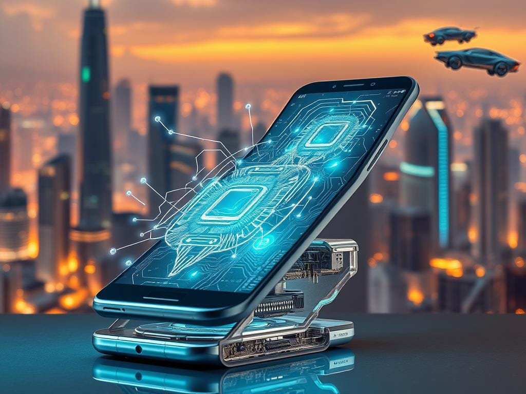 A futuristic Android smartphone evolving into an advanced AI system, its sleek metallic body transforming and expanding with holographic interfaces, glowing circuits, and swirling data streams. In the foreground, the device's screen displays a dynamic 3D visualization of its neural networks, pulsing with energy. The middle ground features a translucent, crystalline casing revealing the intricate workings of the AI chipset, while the background showcases a cityscape of towering skyscrapers and hovering autonomous vehicles, all bathed in a warm, neon-tinged glow. The scene conveys a sense of technological progress, innovation, and the seamless integration of artificial intelligence into everyday life.