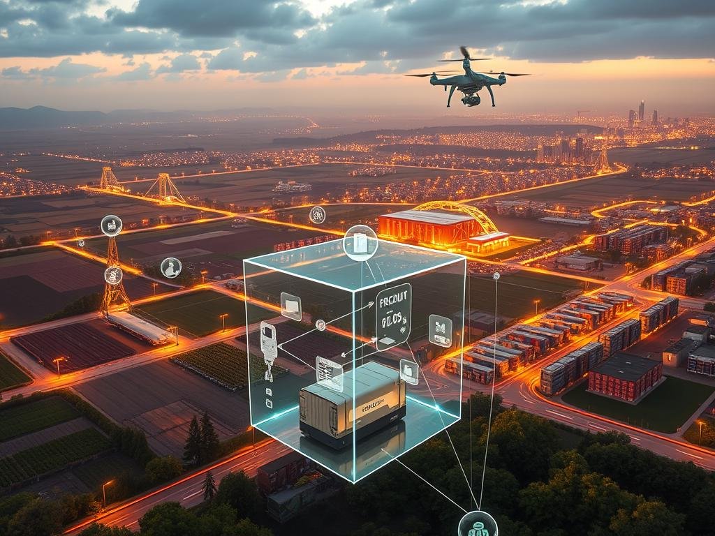 A futuristic blockchain-powered supply chain landscape, with interconnected nodes representing various stages from farm to fork. In the foreground, a transparent cube displays real-time product data and traceability. The middle ground features automated logistics hubs, smart warehouses, and autonomous delivery drones. In the background, lush farmlands and bustling cities symbolize the integration of blockchain technology into the fabric of the supply chain. Warm, ambient lighting casts a sense of efficiency and transparency, while a high-angle perspective conveys the comprehensive, integrated nature of the system. The overall mood is one of technological innovation, sustainability, and trust in the supply chain process.