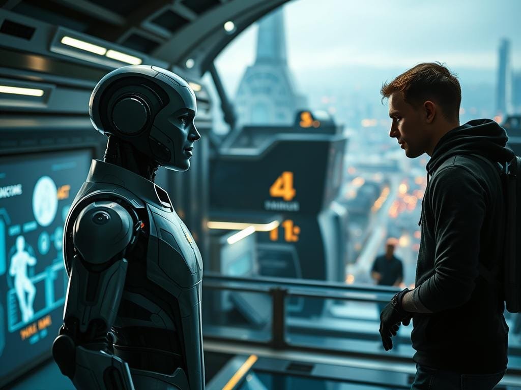A futuristic, cinematic scene of an AI-powered NPC interacting with a human player in a realistic video game environment. In the foreground, the NPC stands, its expressive, lifelike face and fluid body language conveying a sense of intelligence and autonomy. The player character, rendered in vivid detail, leans in, engaged in an animated conversation. Subtle lighting casts dramatic shadows, creating a palpable sense of depth and atmosphere. The background depicts a visually stunning, technologically advanced setting, with holographic displays, sleek architecture, and a glimpse of a bustling, futuristic city beyond. The overall impression is one of seamless integration between the player, the NPC, and the immersive game world, showcasing the power of AI to enhance gameplay mechanics and create a truly lifelike, interactive experience.