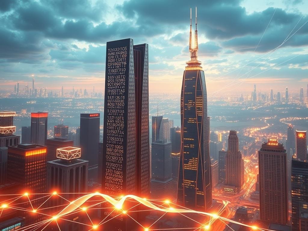 A futuristic cityscape bathed in a warm, ethereal glow. In the foreground, a sleek, holographic display showcases a network of interconnected blockchain nodes, symbolizing the tokenization of real-world assets. Towering skyscrapers in the middle ground feature intricate facades adorned with cryptographic patterns, hinting at the integration of tokenization technologies into the built environment. In the background, a vast sky filled with shimmering data streams and pulsing energy fields, suggesting the boundless potential of tokenization innovations to transform the global economy.